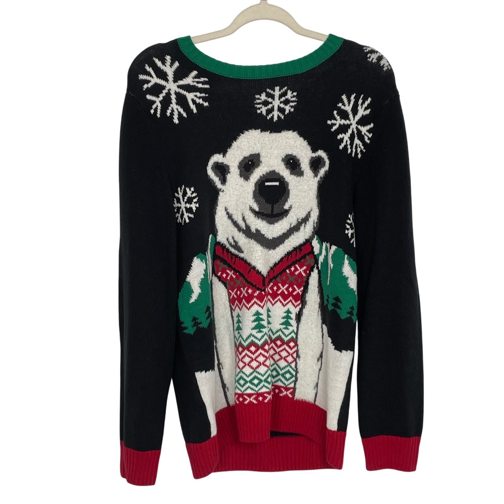 Ugly Christmas Polar Bear Snowflake Holiday Party Knit Crew Neck Sweater Medium